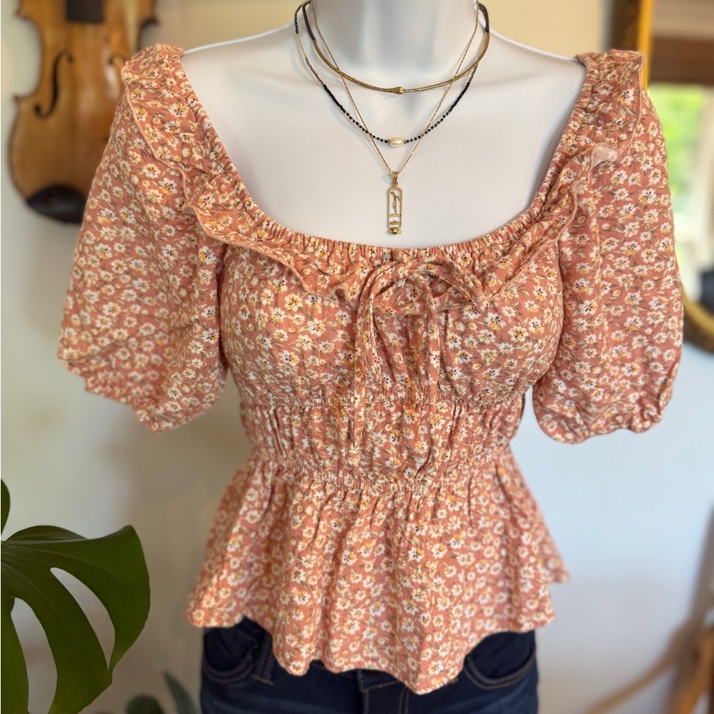 🌞Emelia Floral Peasant Top - Peach, XS, #20
